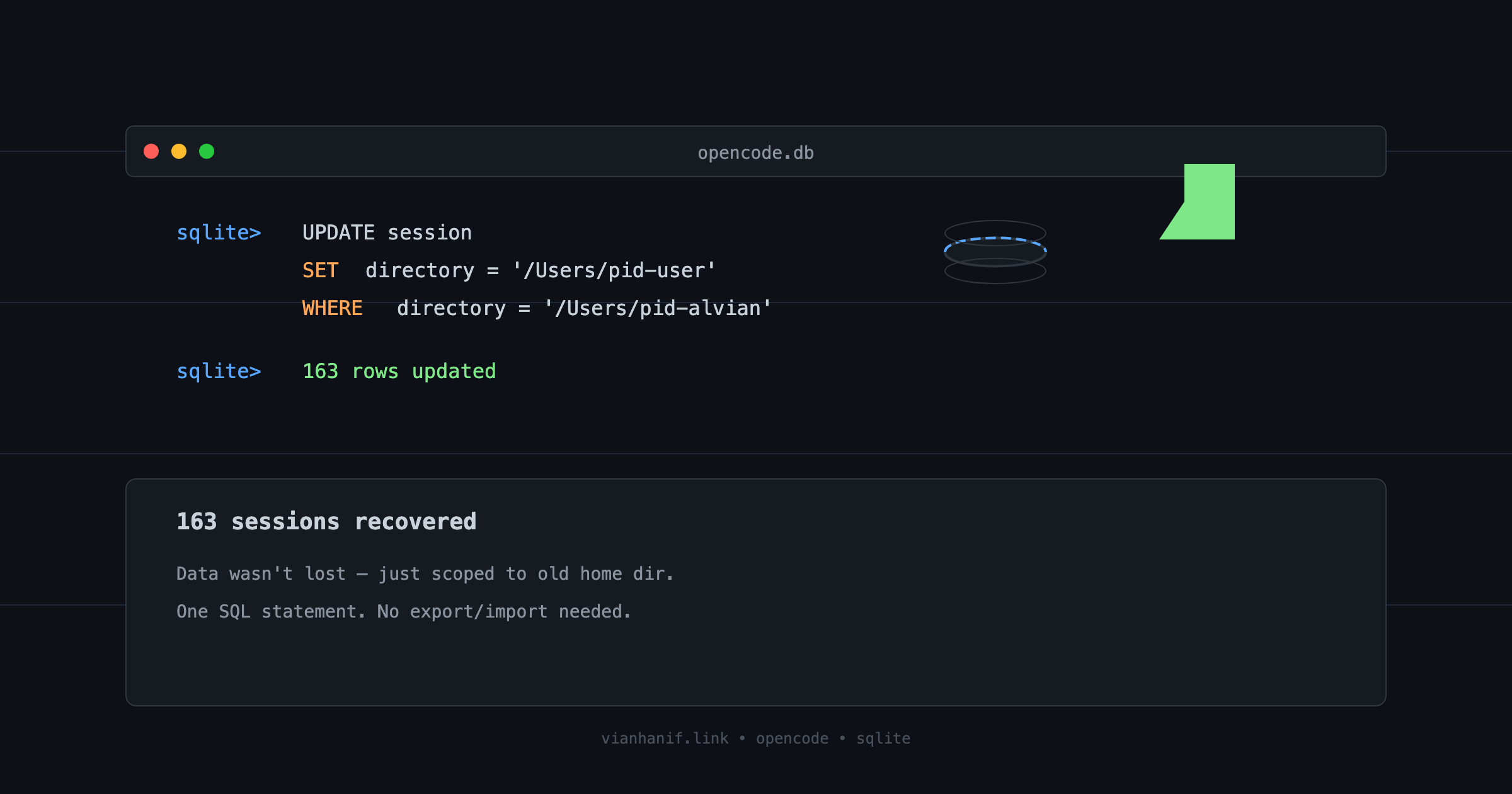 Terminal showing a SQL UPDATE remapping OpenCode session directories